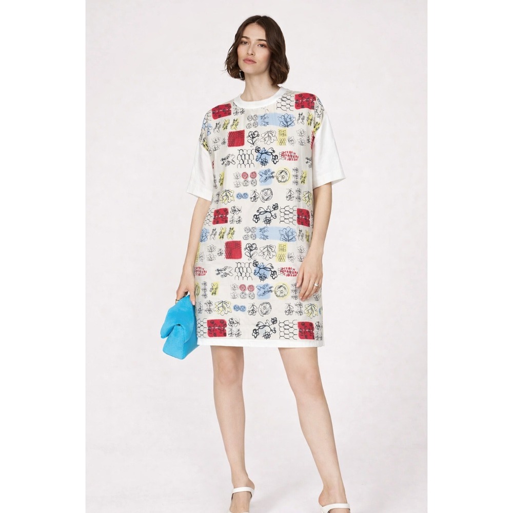Marni T-Shirt Dress White Silk Cotton Doodle Print Oversized Womens 42 / 6 US